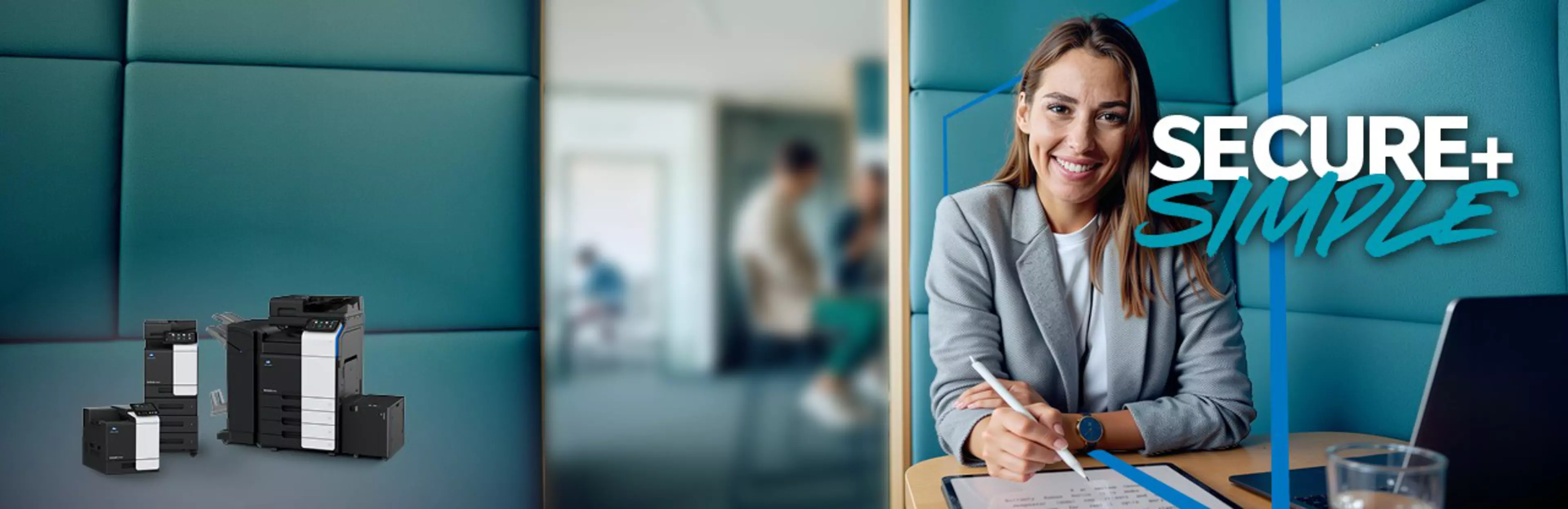 Smiling businesswoman at modern office desk with multifunction printers and copiers, promoting secure and simple printing solutions.