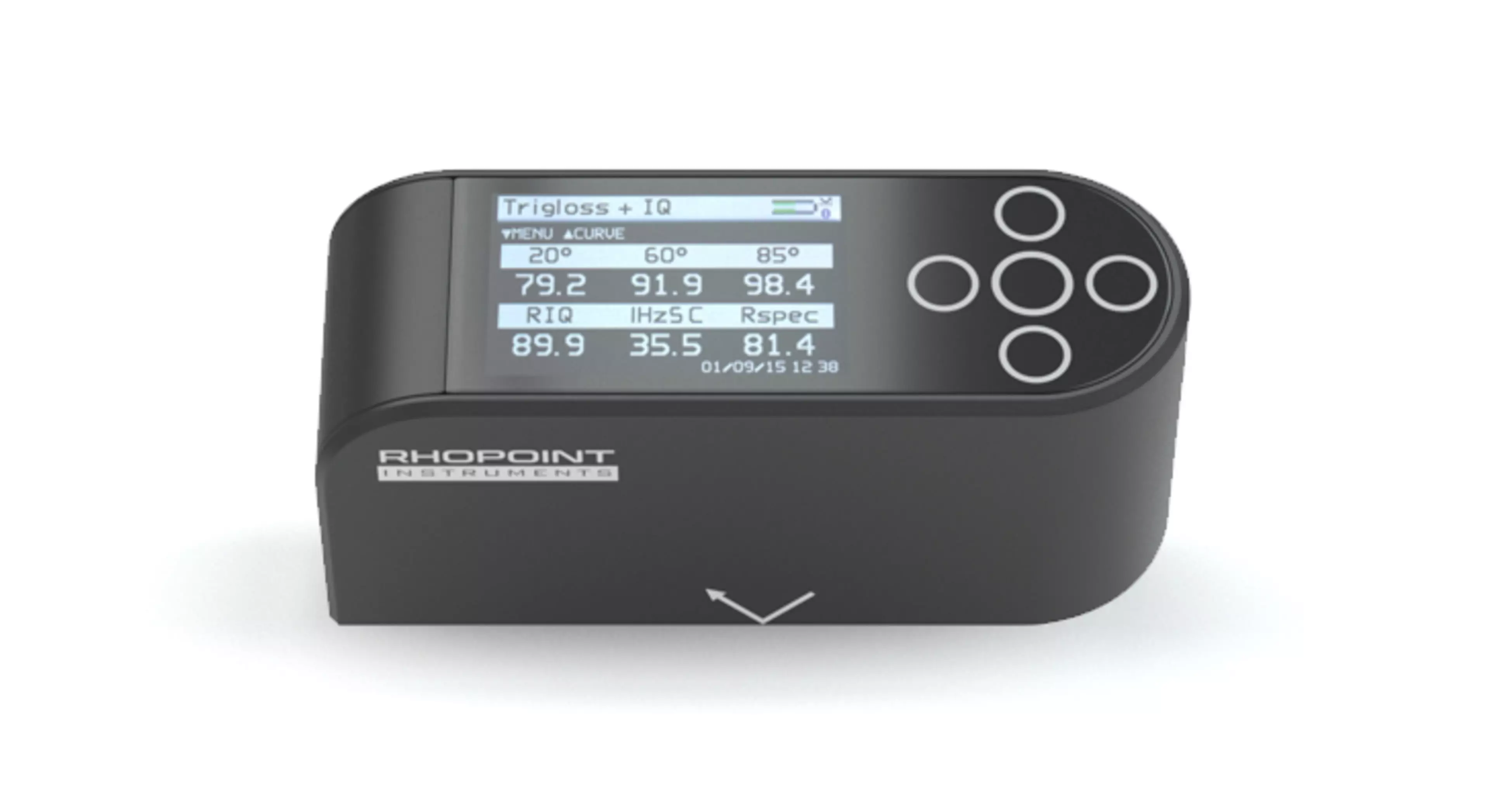 Rhopoint IQS CloseTolerance Glossmeter with trigloss 20/60/85° measuring angles with a full colour easy to read screen with Pass/Fail indication (top view)