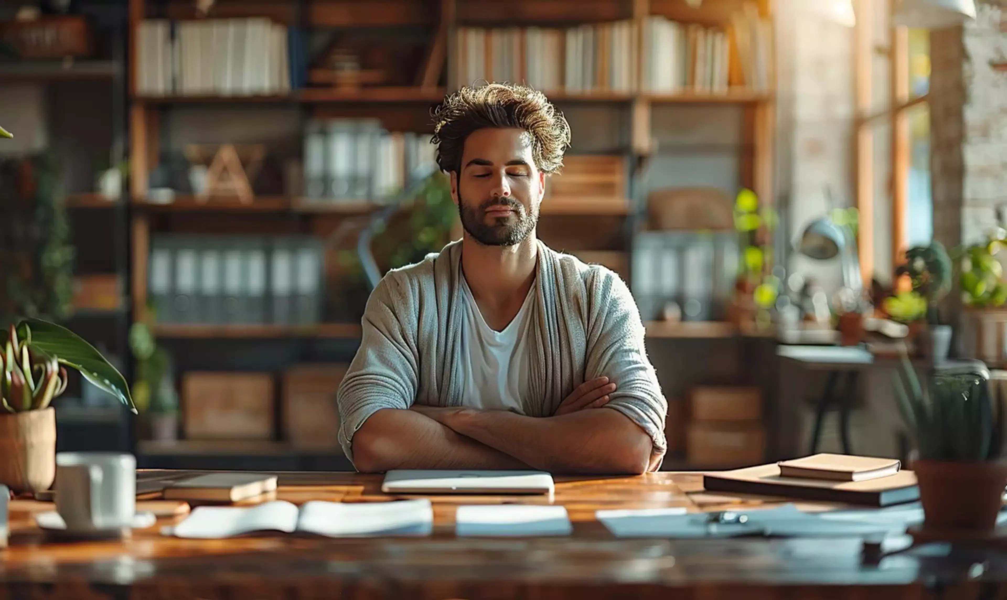Un hombre relajándose sentado en su despacho doméstico