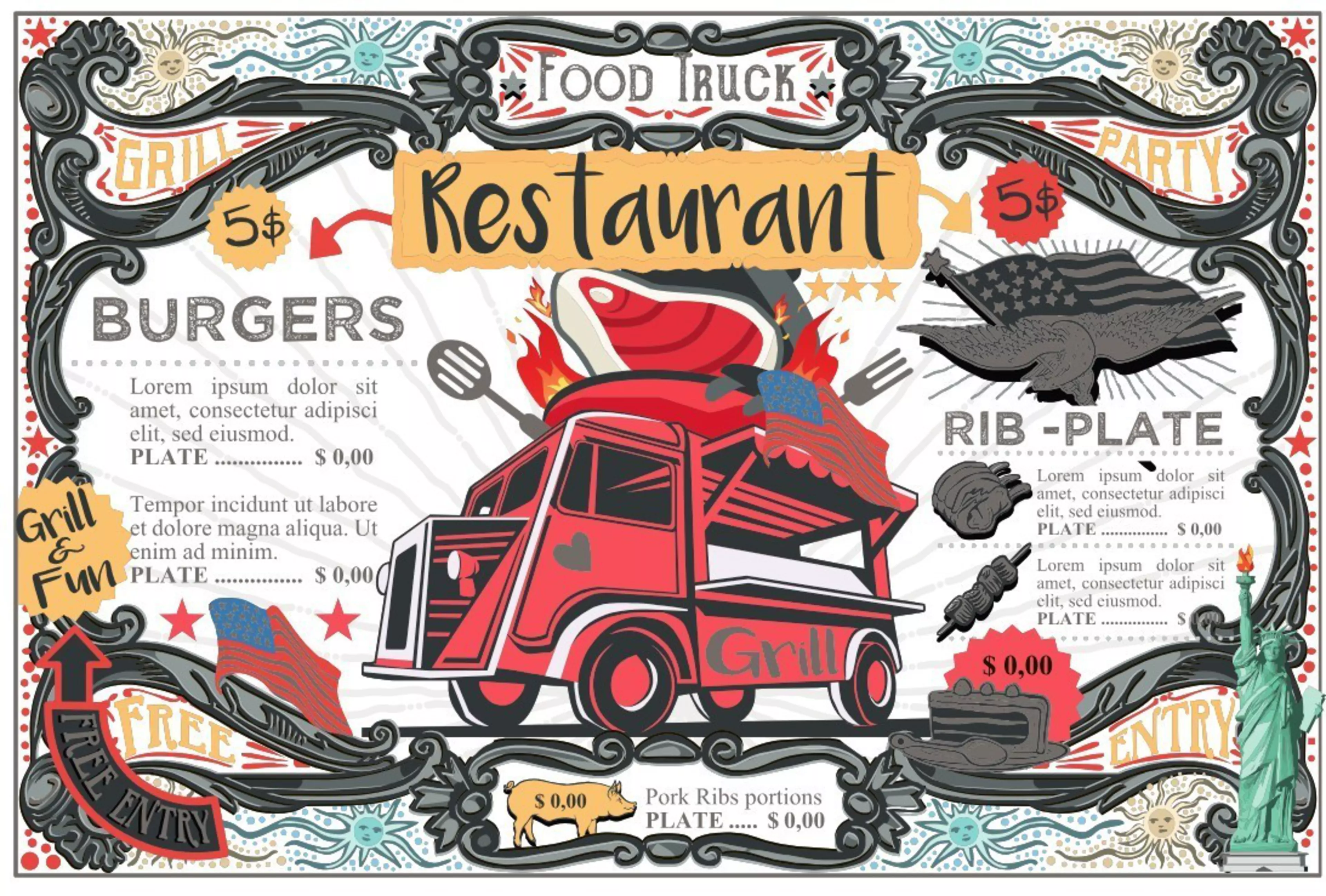 Vintage-style illustrated food truck menu printed with a toner printer, burgers and rib plates, a red grill truck, flaming steak, American flags, and decorative retro typography.