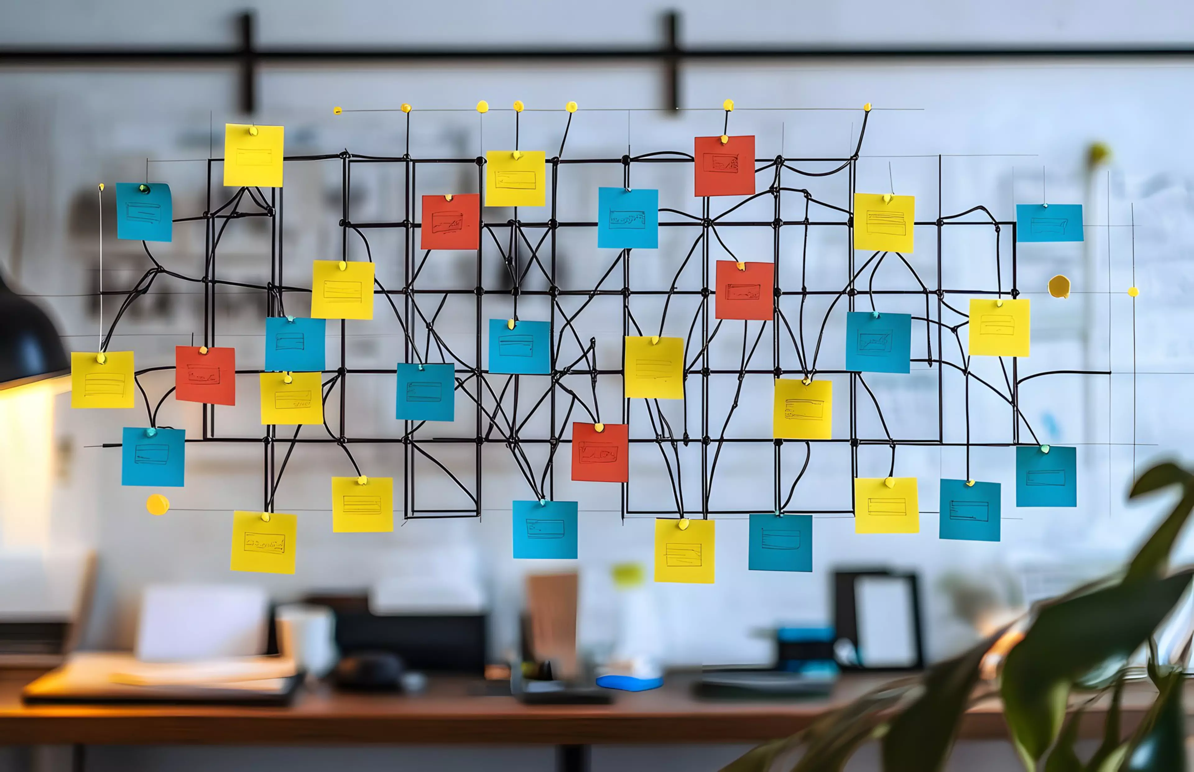 A cluttered board covered with colorful sticky notes showing brainstorming and ideas in progress