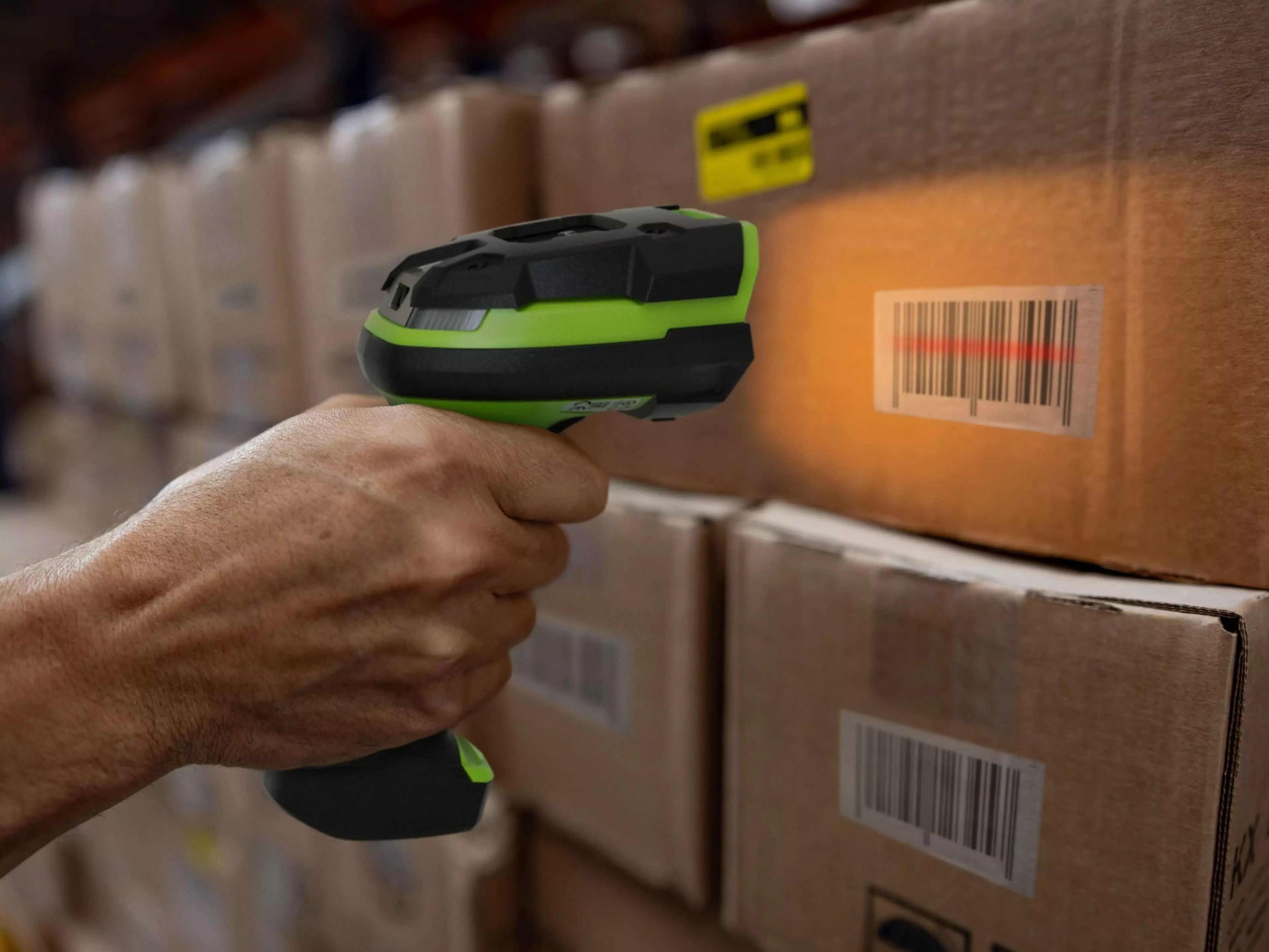 An employee using a handheld barcode scanner to scan a box label inside of a store room.
An employee using a handheld barcode scanner to scan a box label inside of a store room., DS99088
DS99088