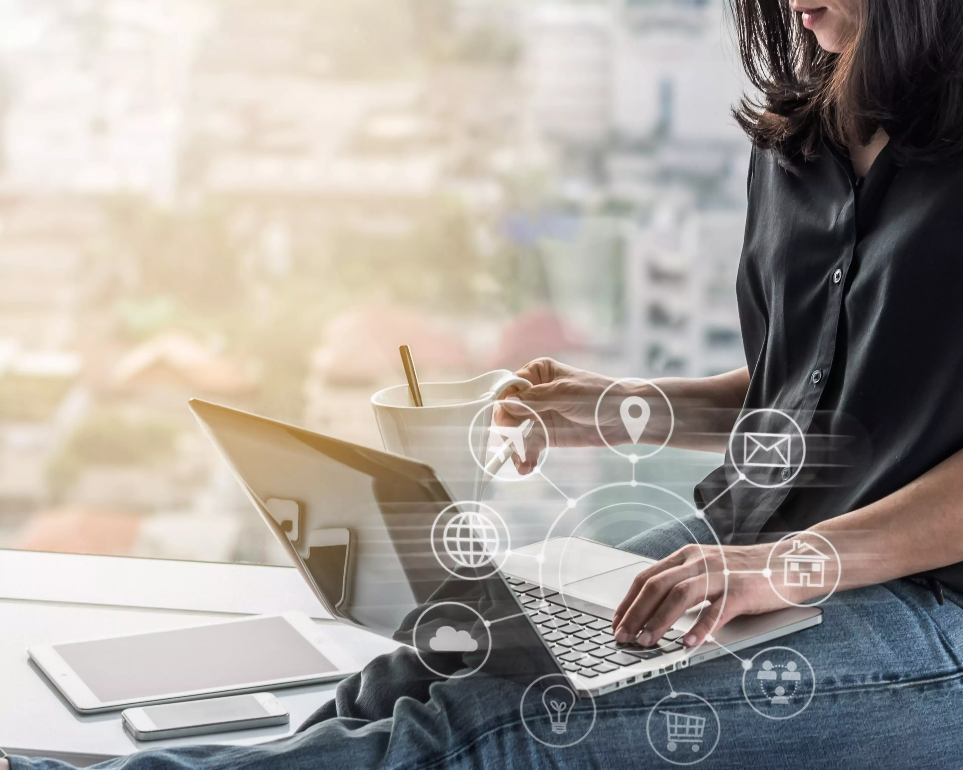 Digital marketing via multichannel communication network icon on mobile smartphone application technology for woman working easy at work or from home on e-commerce online marketplace; Shutterstock ID 543117508; Purchase Order: CorpCom PP