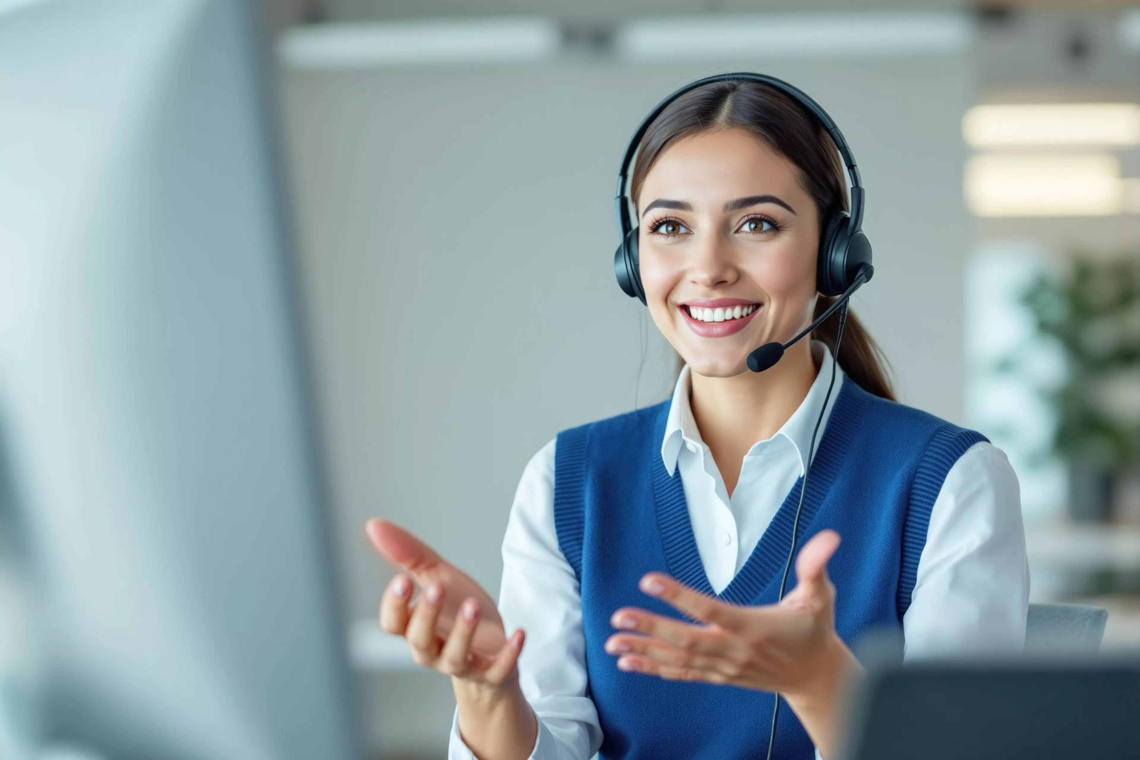 Woman with a headset gestures while smiling in an office setting, with soft light and a blurred background. Concept of customer support. Ai generative