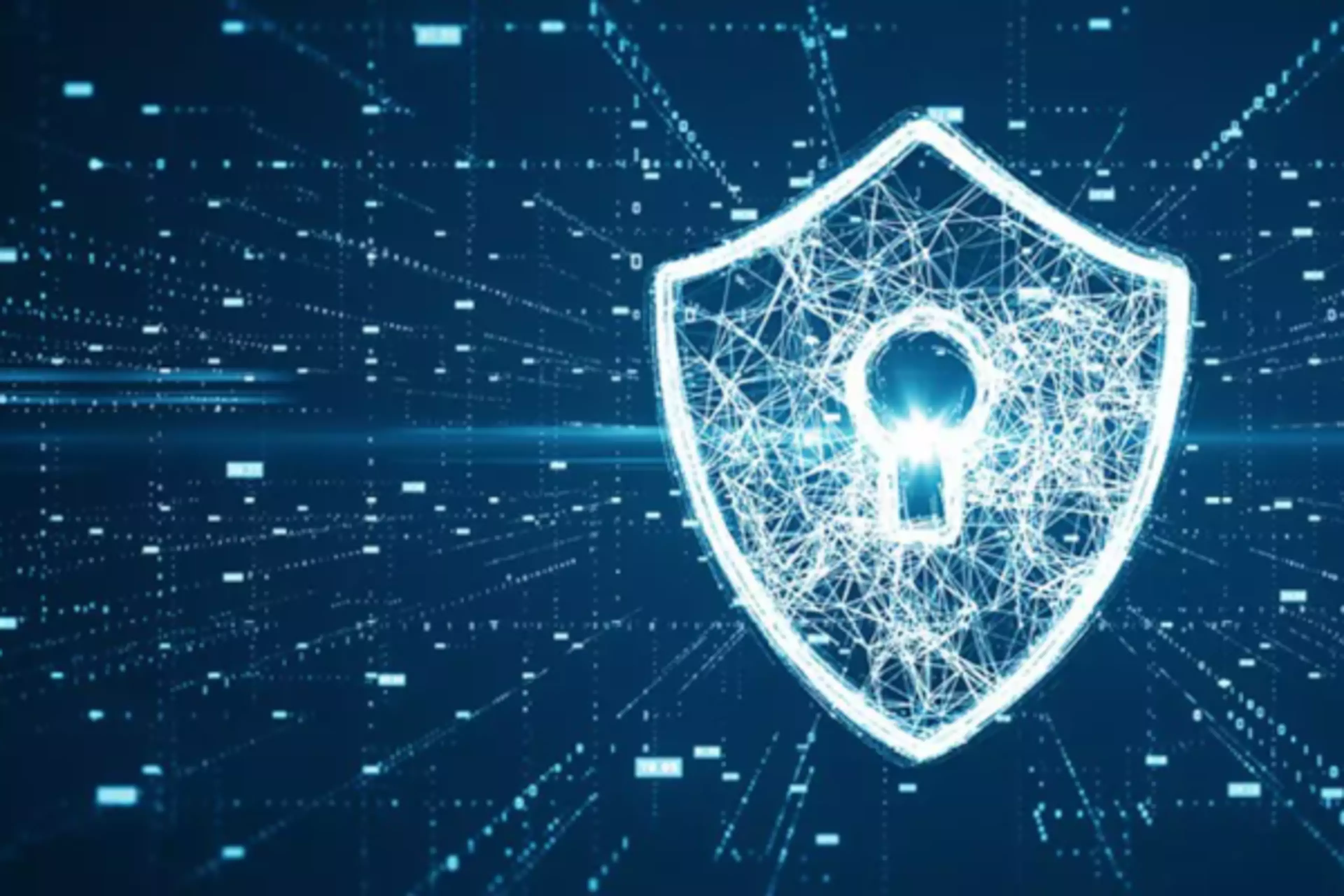 Escudo con ojo de cerradura, todo ello en formato digital, en blanco sobre fondo azul