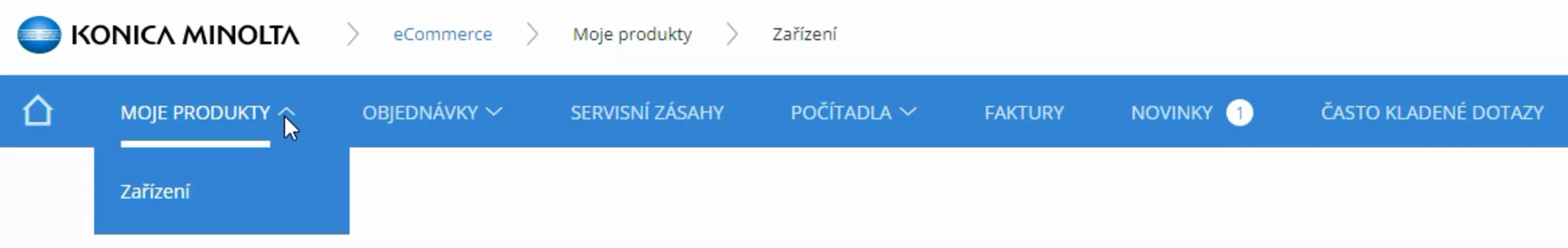 Screenshot z Konica Minolta Portálu - hlavní nabídka portálu