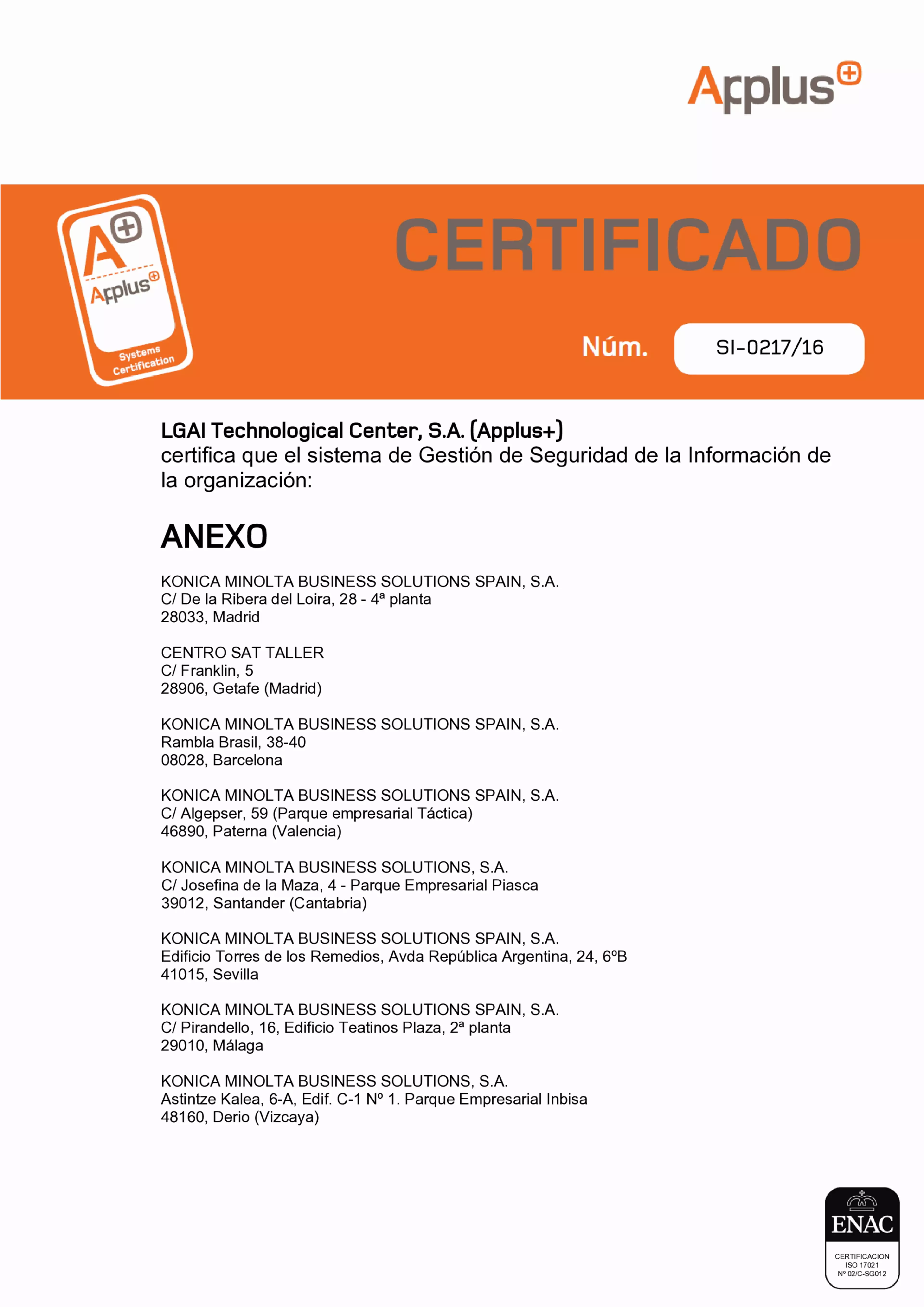 Certificado norma ISO/IEC 27001:2013