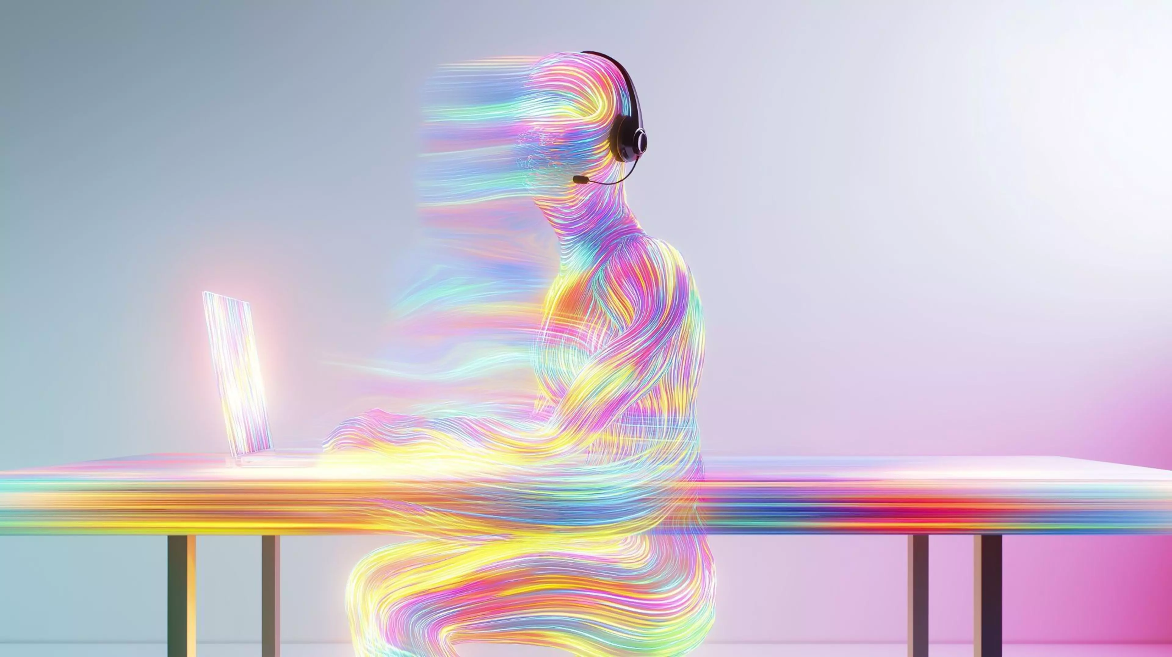 Abstrakte, bunte Darstellung einer digitalen Figur mit Headset, die an einem Laptop arbeitet – Symbol für Künstliche Intelligenz und virtuelle Assistenz.