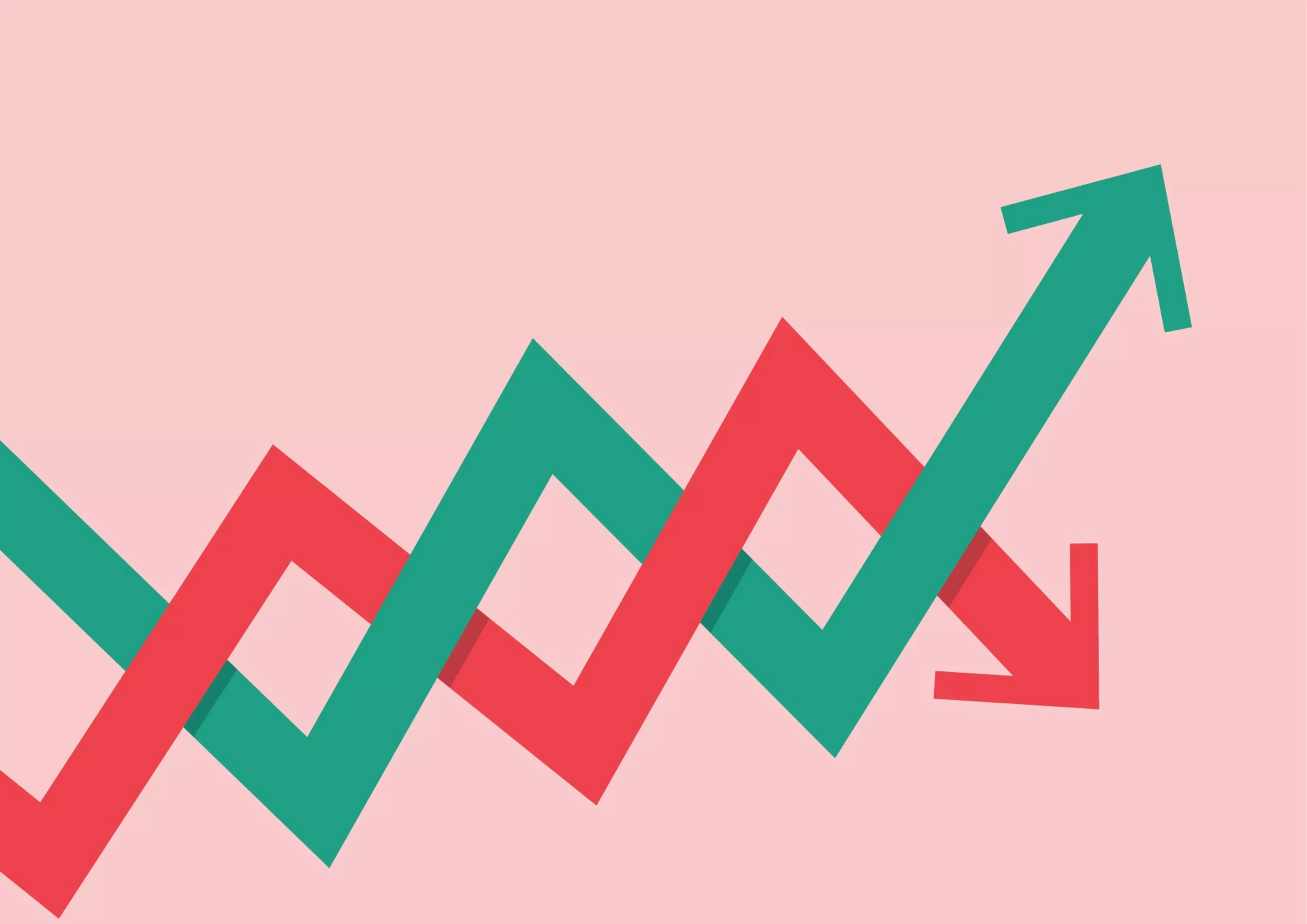 Abstrakte Grafik mit roten und grünen Zickzack-Pfeilen, die steigende und fallende Entwicklungen sowie flexible Finanzierungs- oder Marktbewegungen symbolisieren.