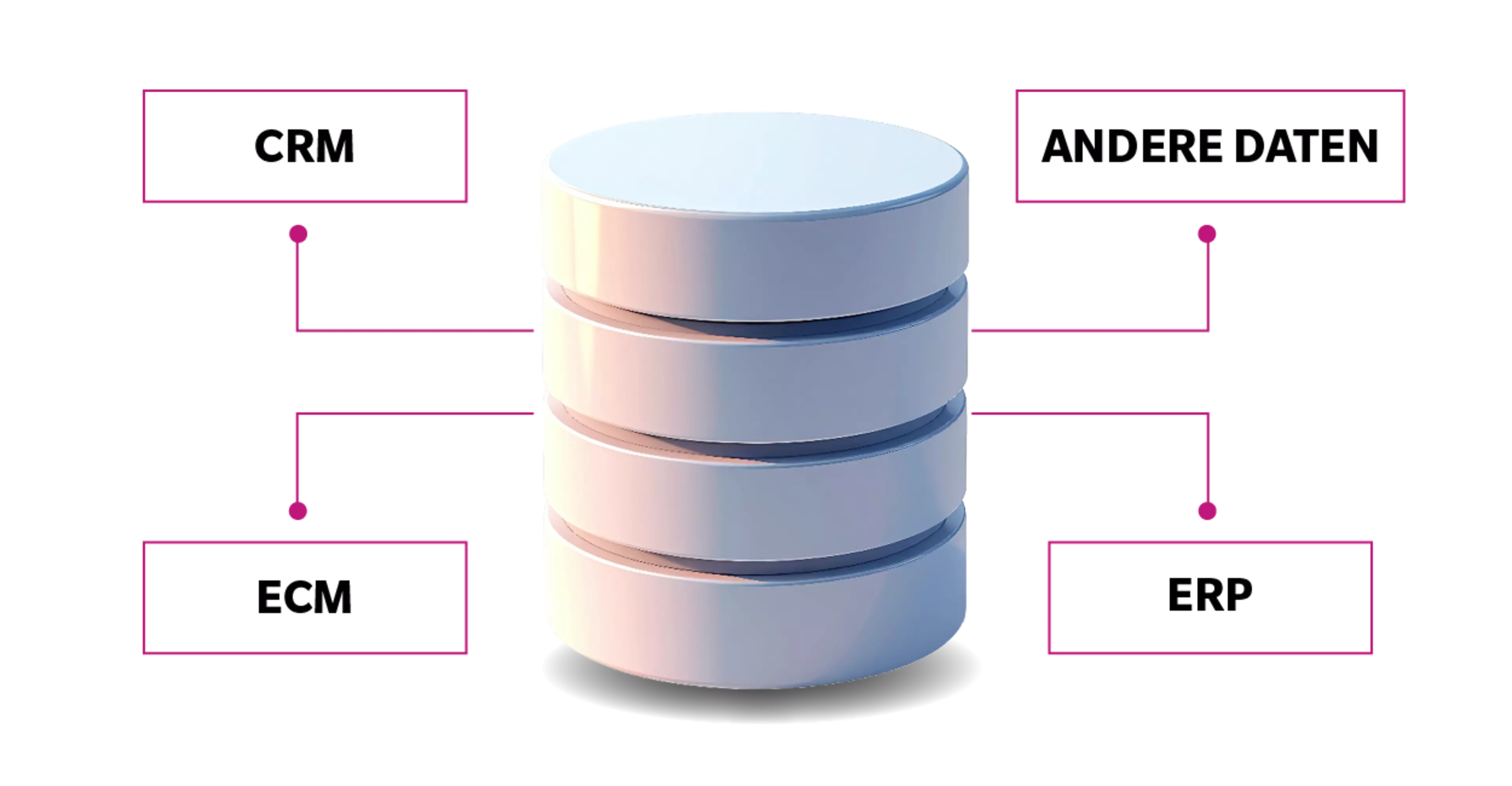 Datenflussvisualisierung: zentrale Datenbank, die mit CRM-, ECM-, ERP- und anderen Systemen verbunden ist.