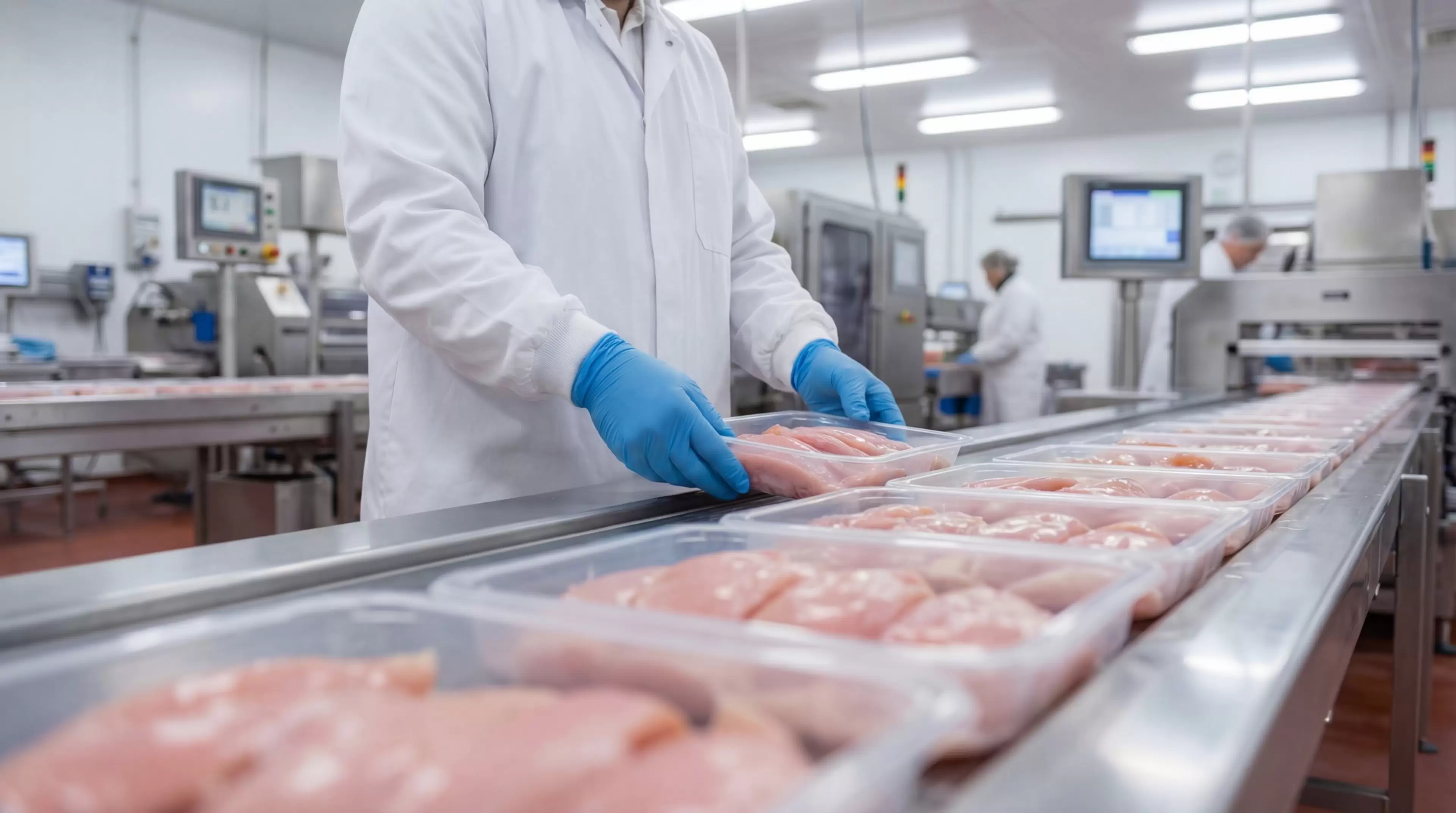 Worker inspecting packaged raw chicken breast fillets on industrial food processing and packaging line in modern poultry factory.
chicken, poultry, meat, raw, fillet, breast, packaging, processing, factory, production, line, manufacturing, conveyor, worker, employee, industry, food, plant, hygiene, sanitary, gloves, uniform, laboratory, quality, control, inspection, preparation, butcher, fresh, tray, plastic, packing, sorting, distribution, refrigerated, automation, machinery, industrial, facility, commerce