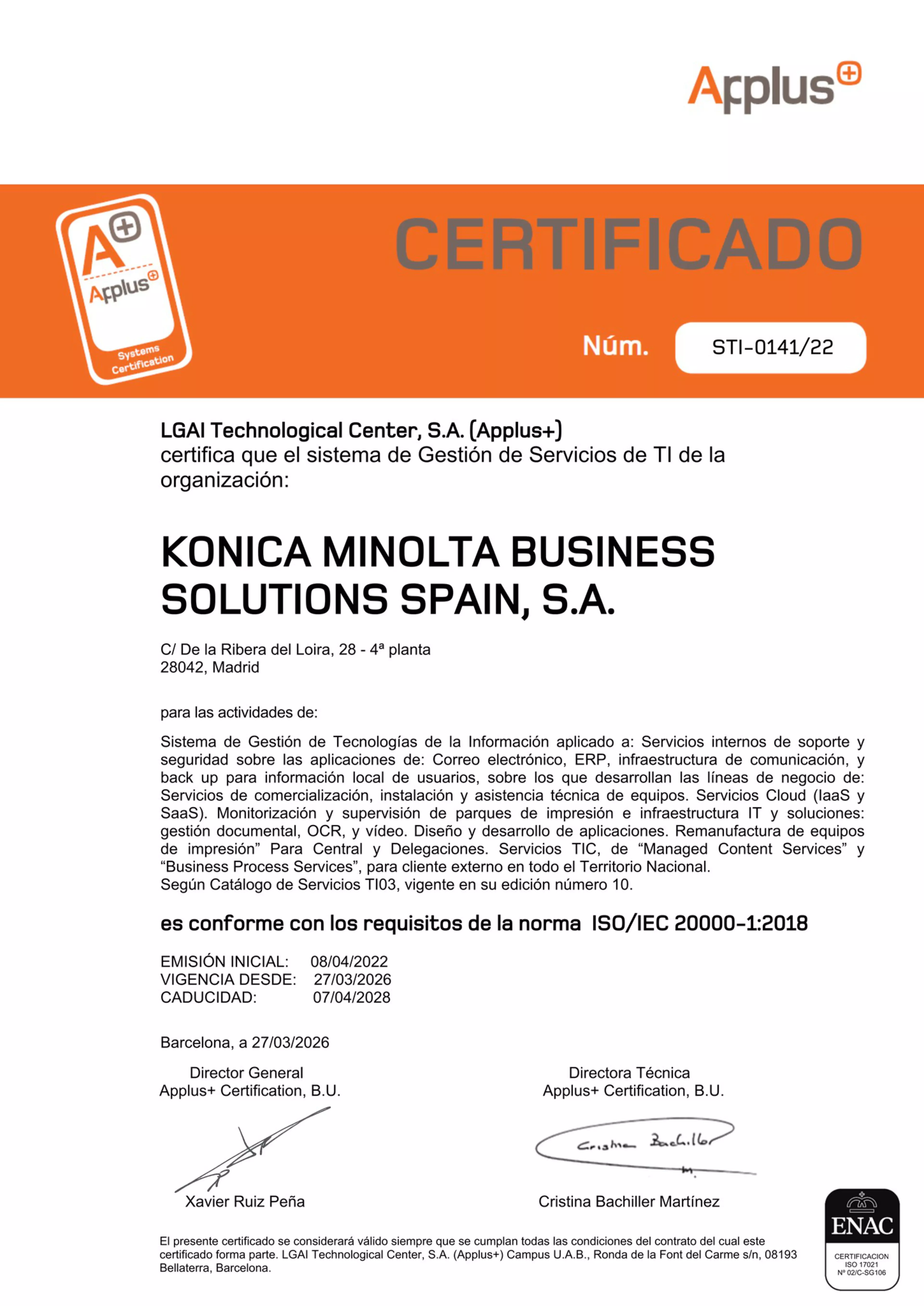 Certificado emitido para Konica Minolta para la norma ISO/IEC 20000-1:2018 con caducidad en 2028
