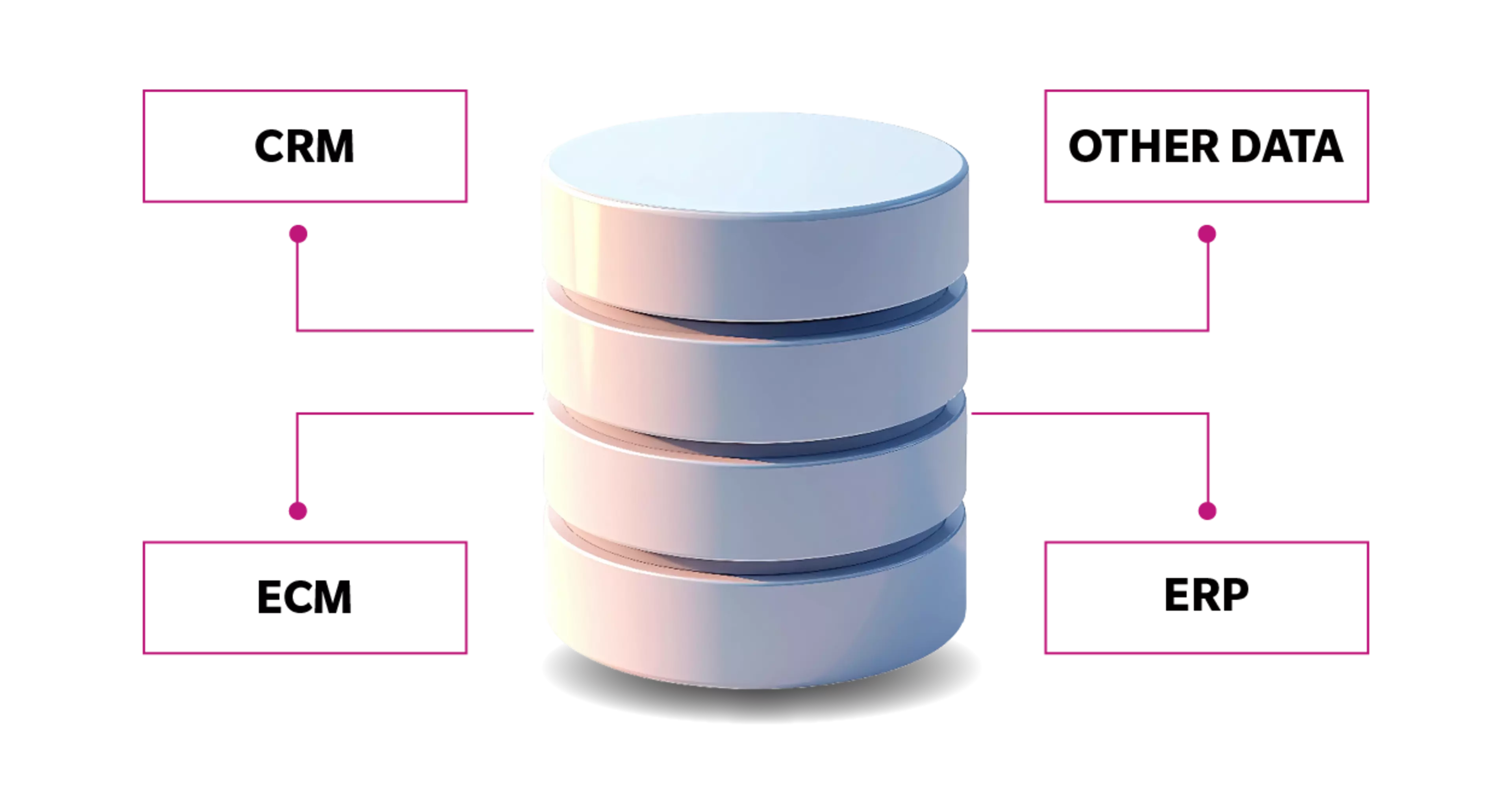 Data flow visualization: central database connected to CRM, ECM, ERP, and other systems.