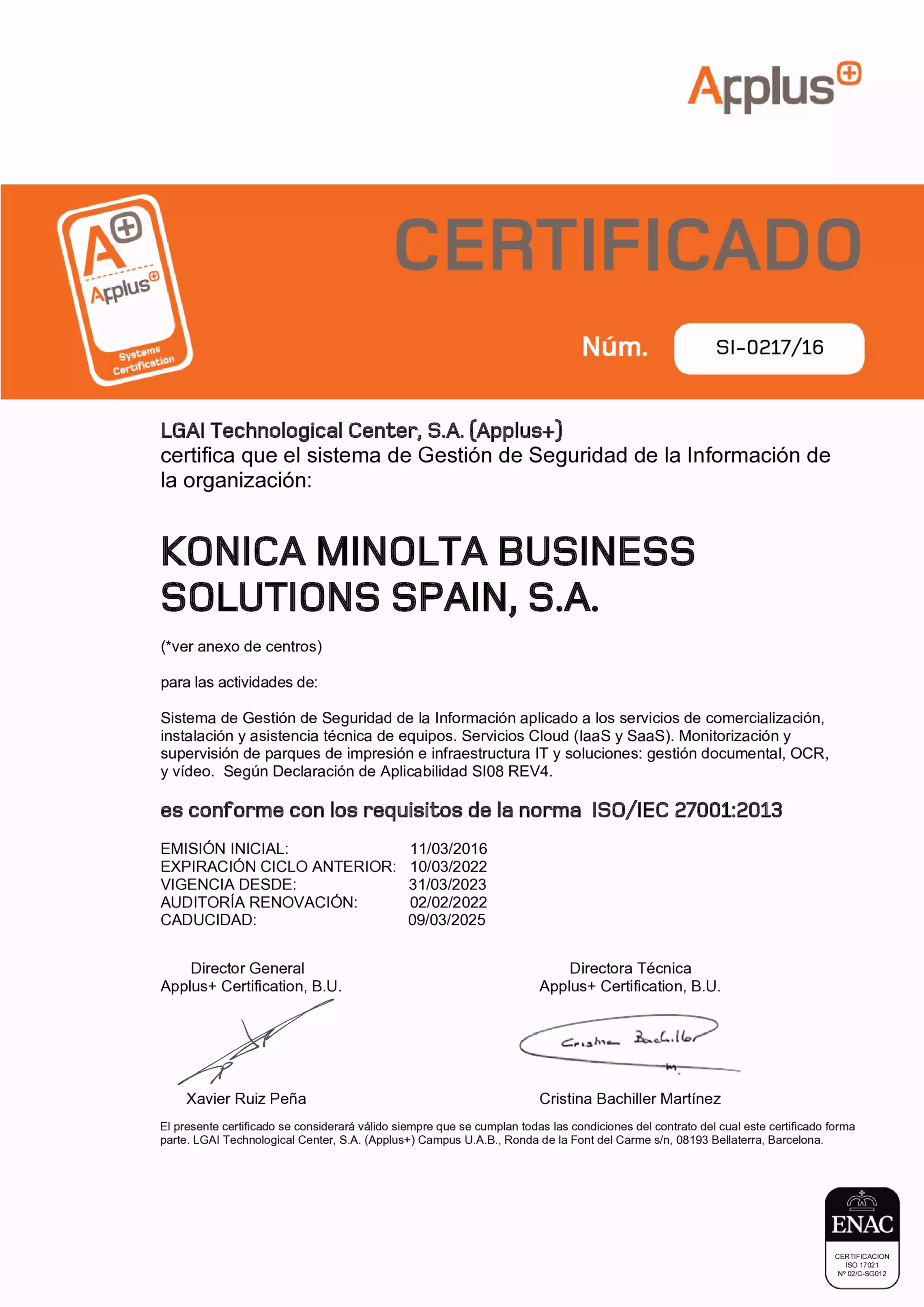 Certificado norma ISO/IEC 27001:2013