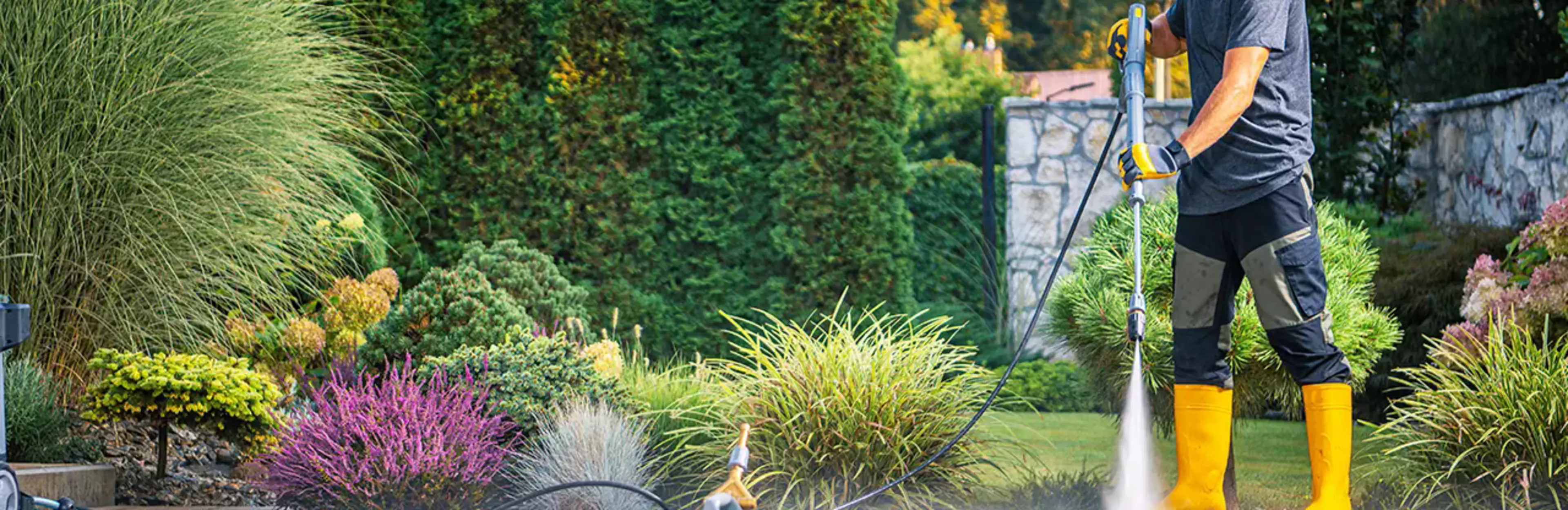 A man is pressure washing in a garden