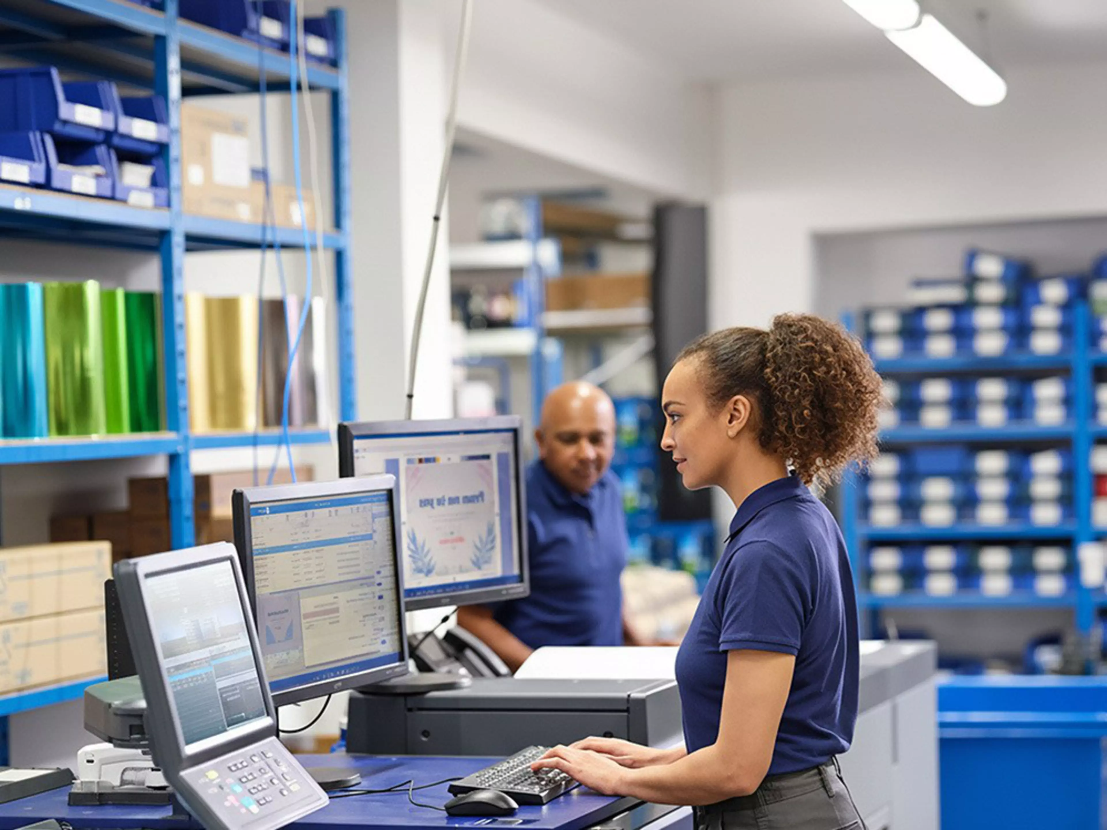 Una mujer trabajando en un taller de impresión con una máquina de Konica Minolta