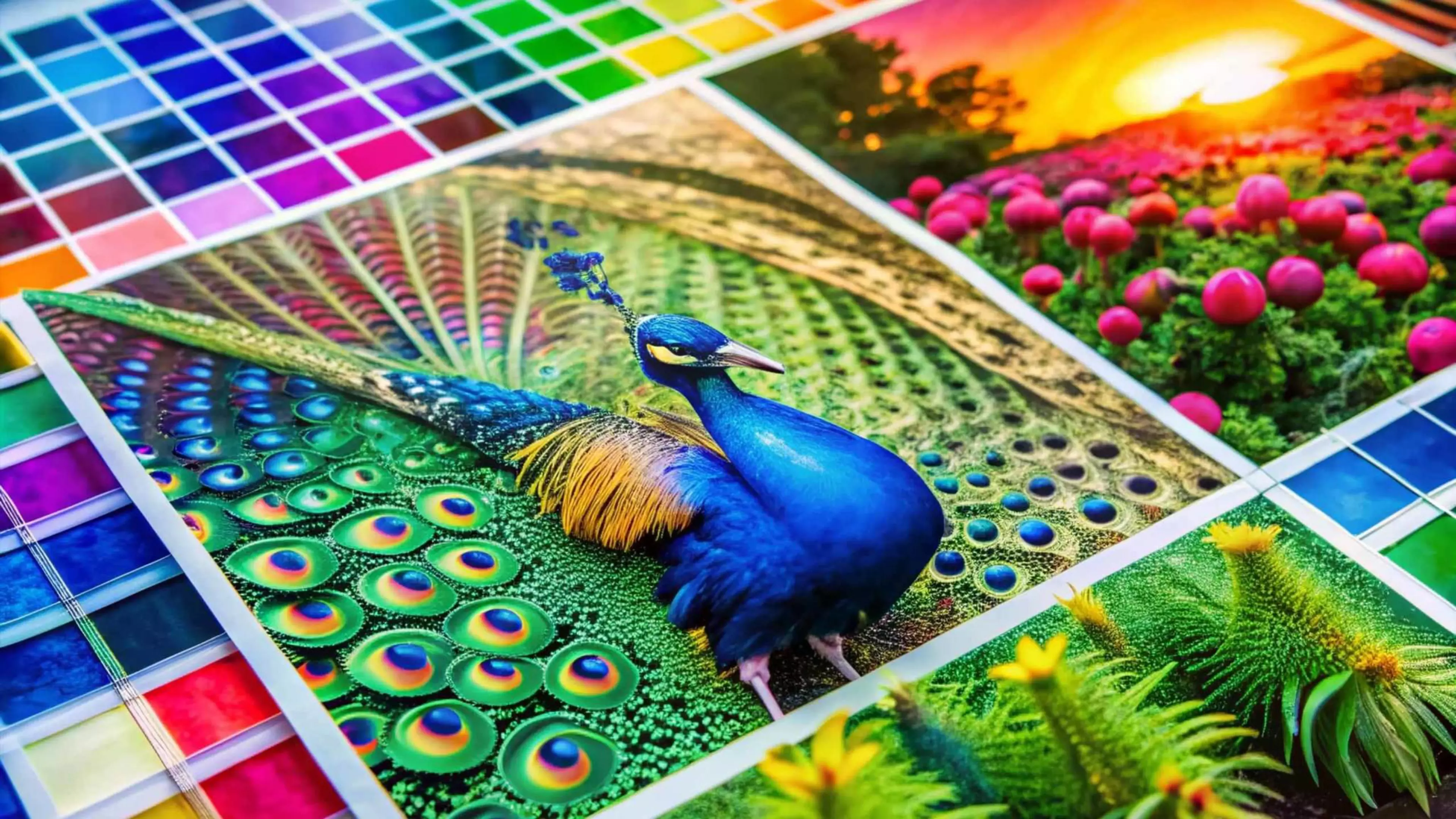 Impresiones hechas con inyección de tinta, en brillantes colores: un pavo real, plantas, flores, pruebas de color