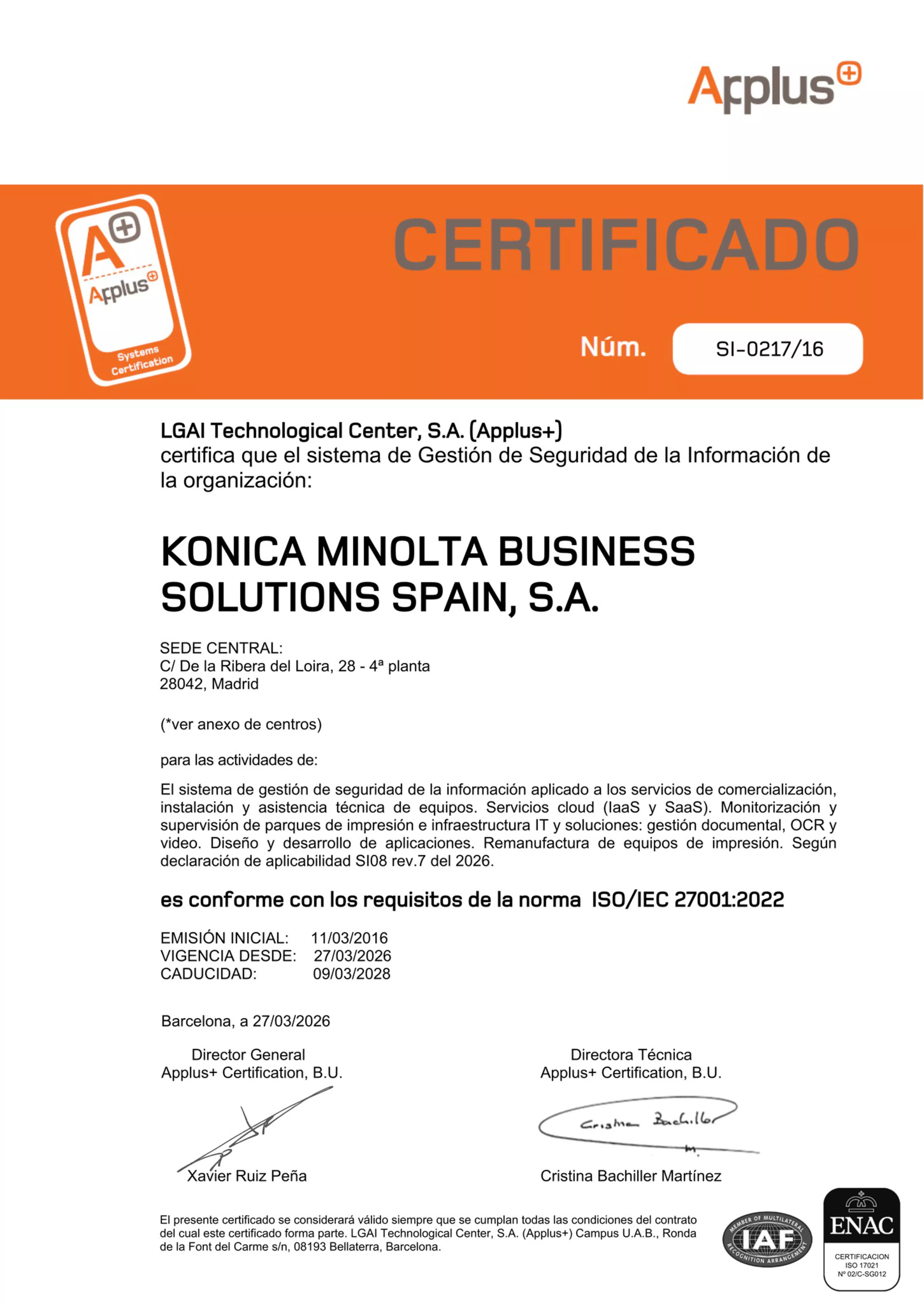 Certificado emitido para Konica Minolta para la norma ISO/IEC 27001:2022 con caducidad en 2028, pág. 1