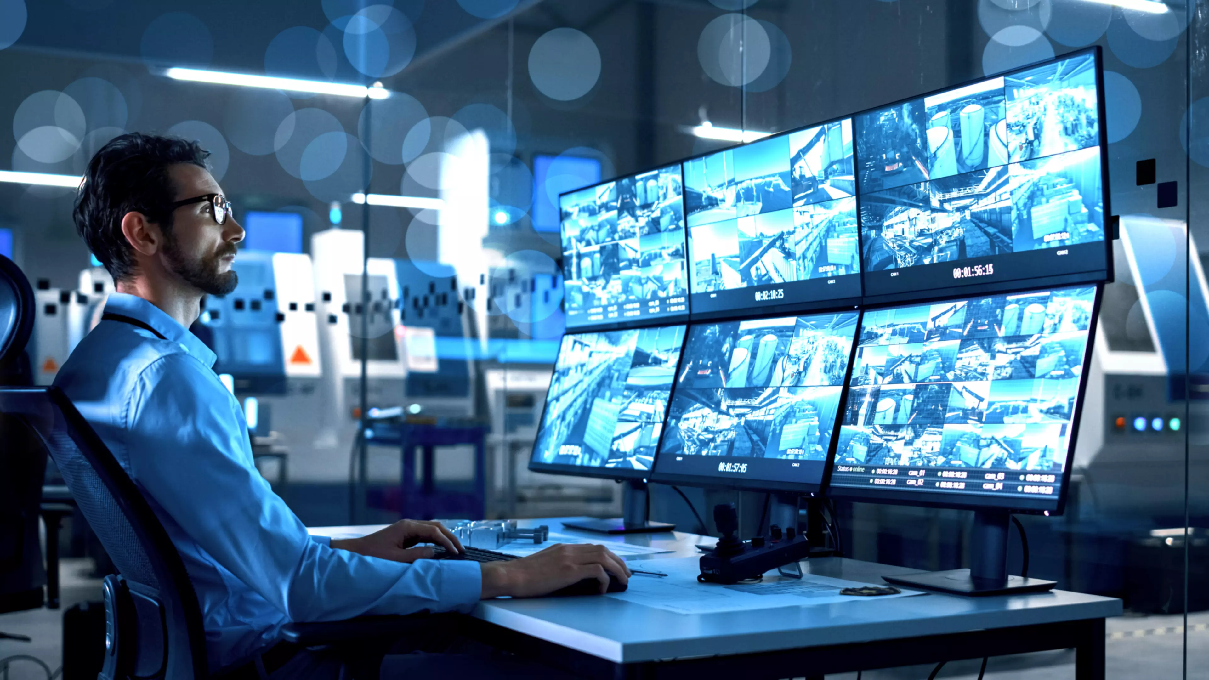 Industry 4.0 Modern Factory: Security Operator Controls Proper Functioning of Workshop Production Line, Uses Computer with Screens Showing Surveillance Camera Feed. High-Tech Security
1357436660
KM 150 Future Vision, Image, Adult, Electronics, Hardware, Head, Male, Man, Monitor, Person, Screen, 150 years anniversary, Computer Hardware, future vision