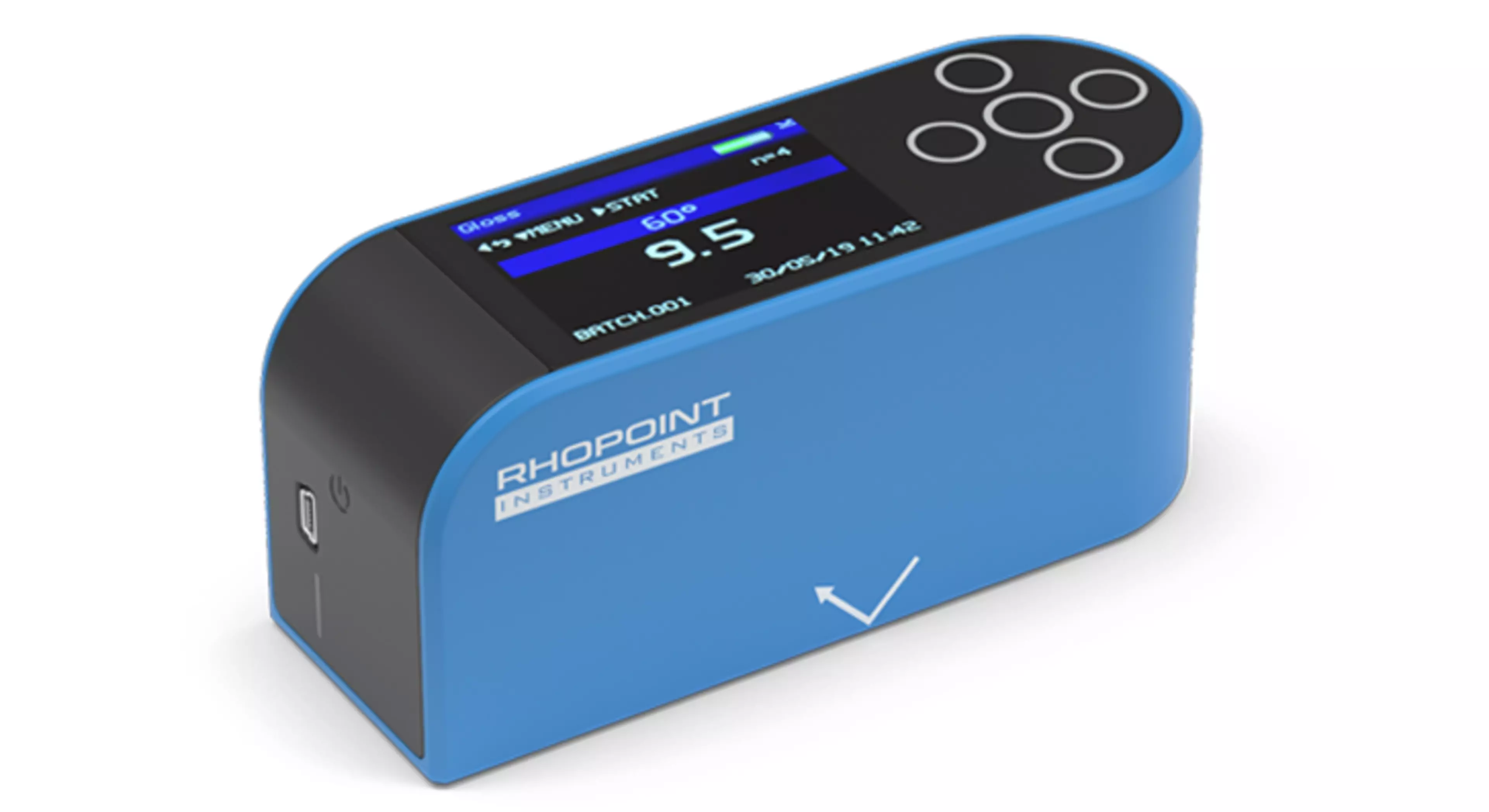 Rhopoint NovoGloss 60 KM affordable Gloss Meter with a 60° measuring angle, with an ergonomic design and color display with easy to navigate menu onboard statistics