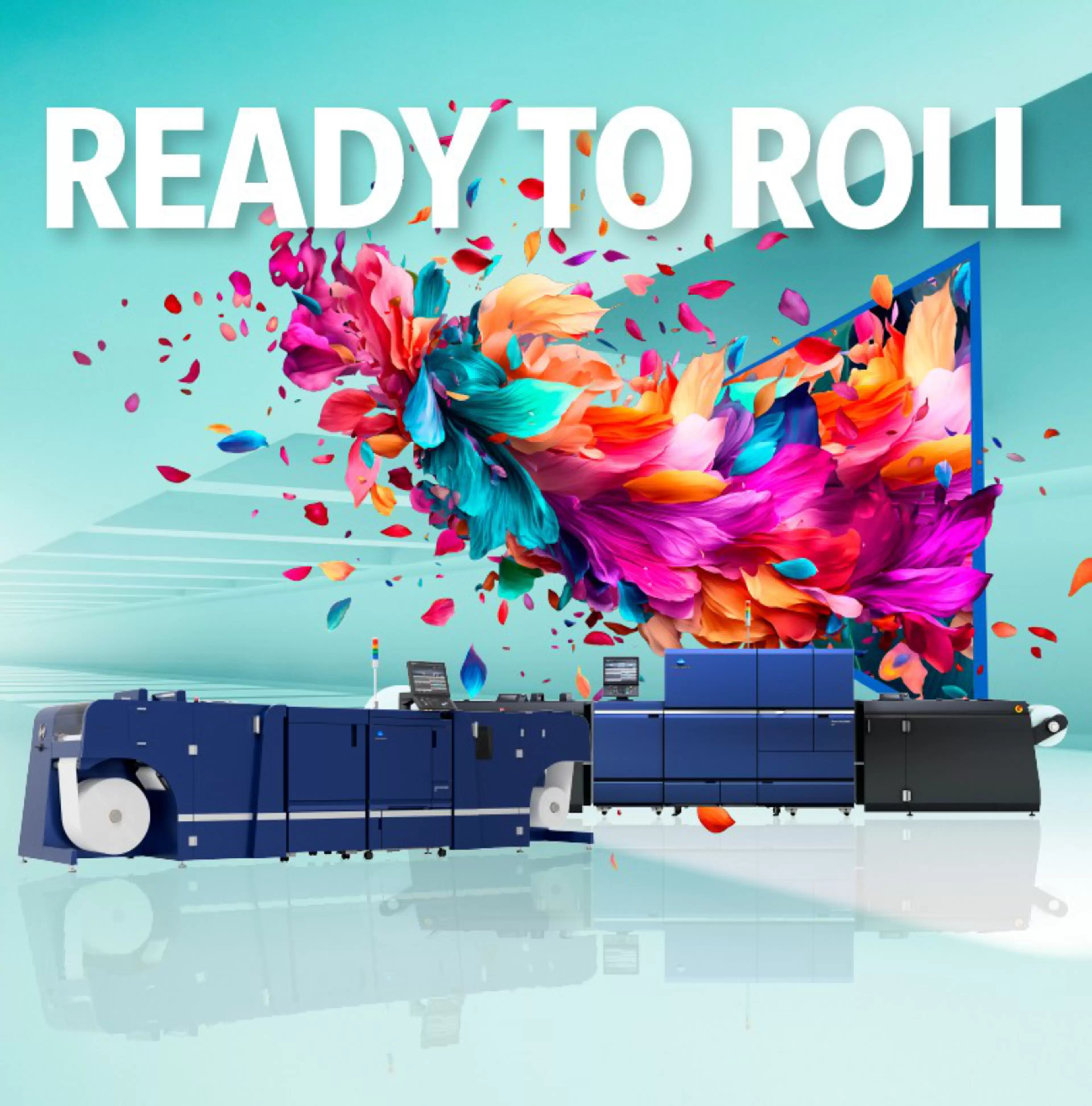 READY TO ROLL - Imprentas profesionales inkjet de Konica Minolta sobre una explosión de pétalos de brillantes colores