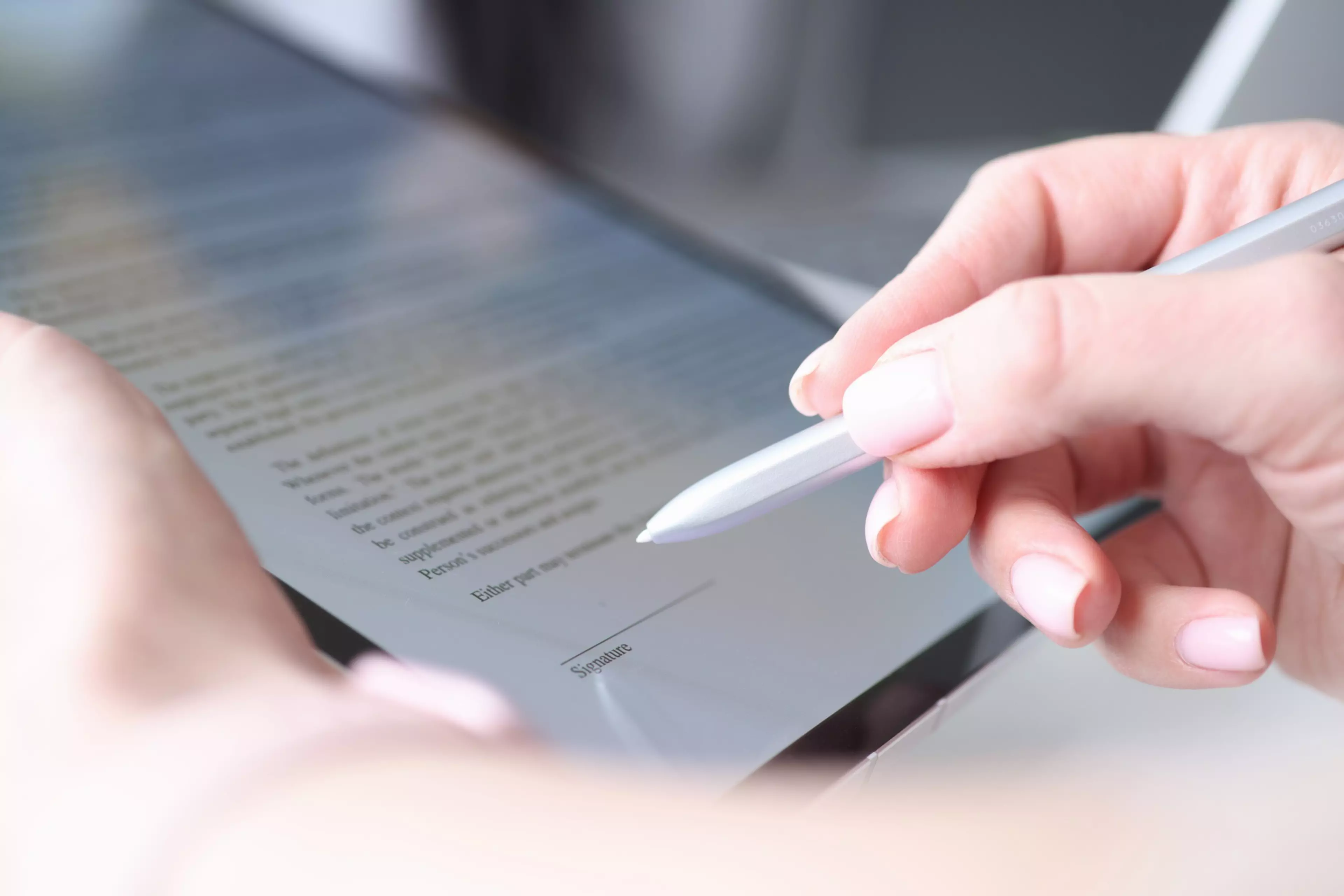 Woman hand holds stylus and puts an electronic signature in contract on tablet. Modern digital technology concept
Woman hand holds stylus and puts an electronic signature in contract on tablet
human, hand, holds, stylus, puts, electronic, signature, document, tablet, ipads, signing, contracts, digital, contract, sign, pen, online, business, pc, ability, agreement, app, applications, closeup, communication, connected, consultant, design, device, drawing, electronics, employee, executive, handwriting, inspired, interfaces, internet, manager, modern, note, pad, pencil, person, screen, sketch, technology, touch, touchpad, using, working