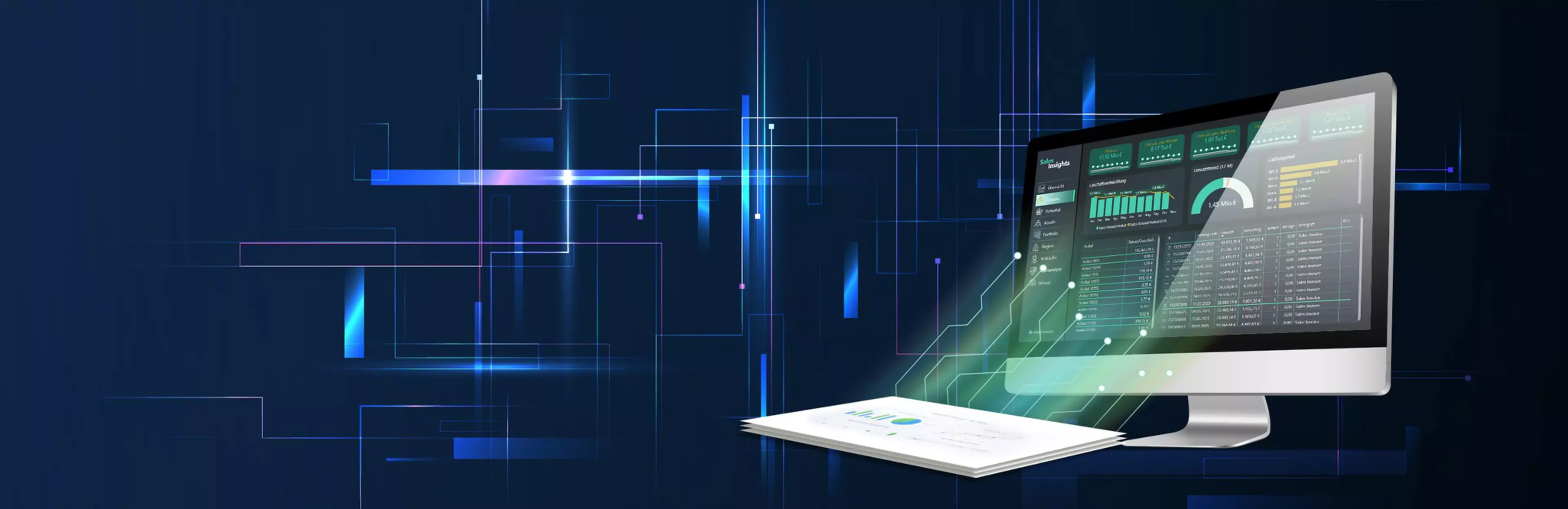 Insights AI dashboard on a monitor, illustrating how paper-based data is seamlessly integrated into the system to simplify complex business processes.