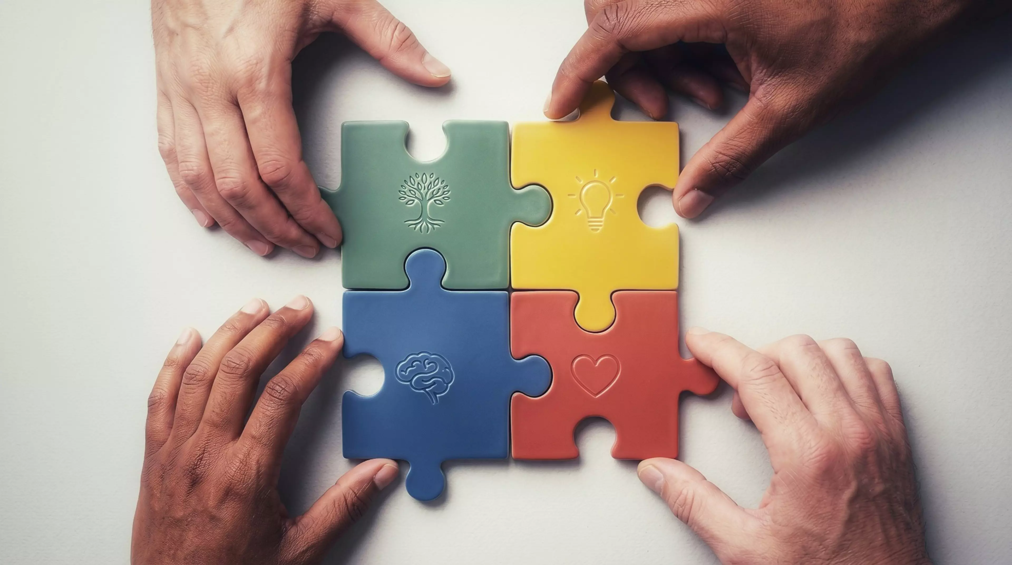 Cuatro manos sosteniendo cada una una pieza de puzzle con los símbolos de cerebro, corazón, árbol y bombilla