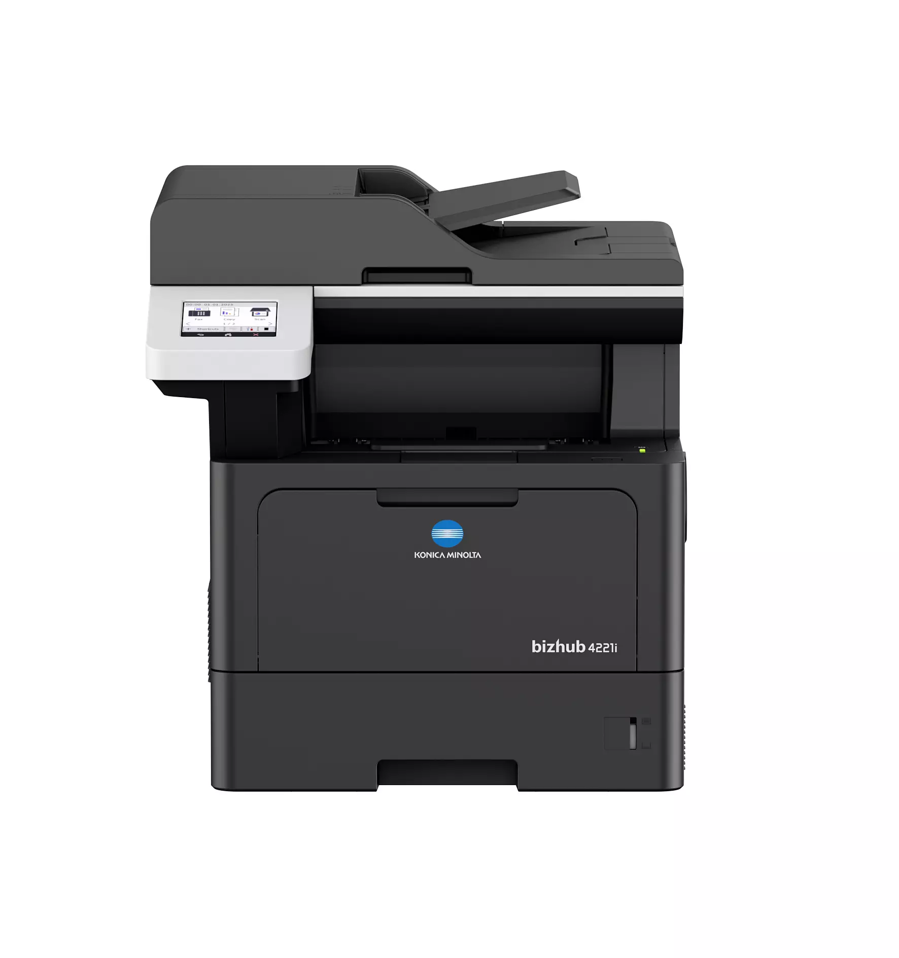 Konica Minolta bizhub 4221i printer, front-side view with 2 paper cassettes
