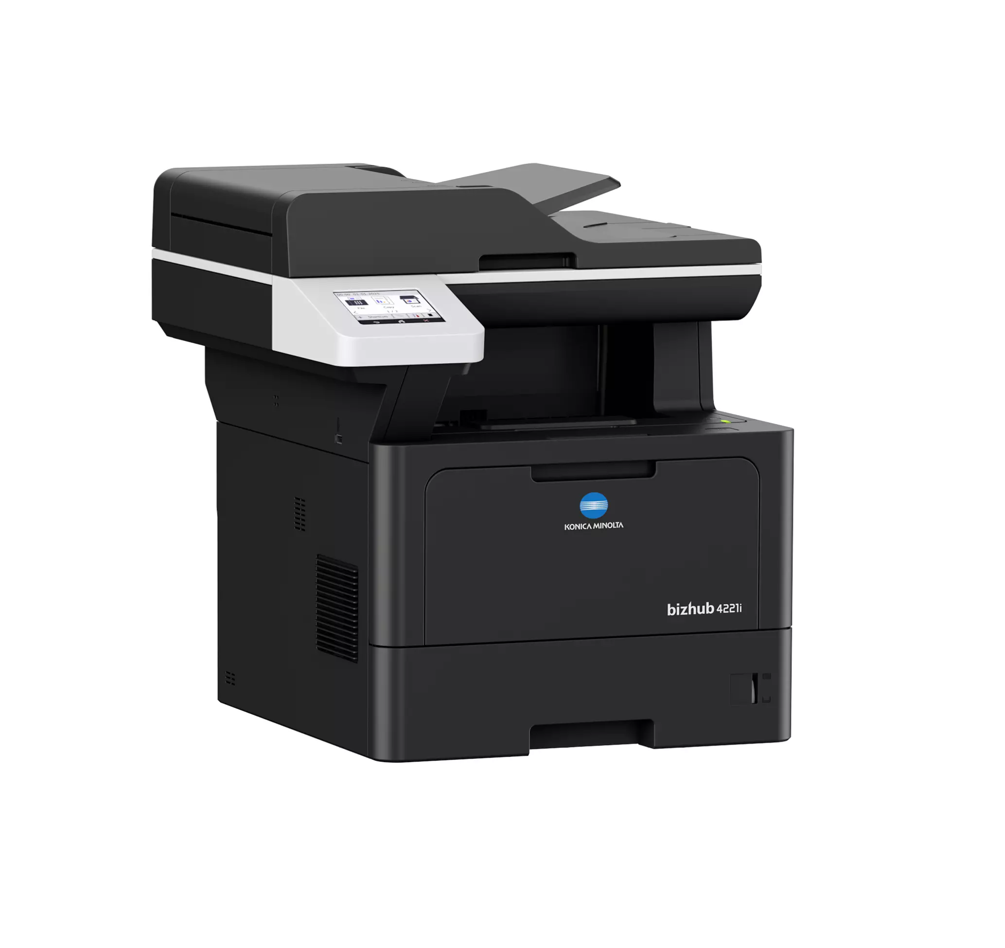 Konica Minolta bizhub 4221i printer, right-side view with 2 paper cassettes