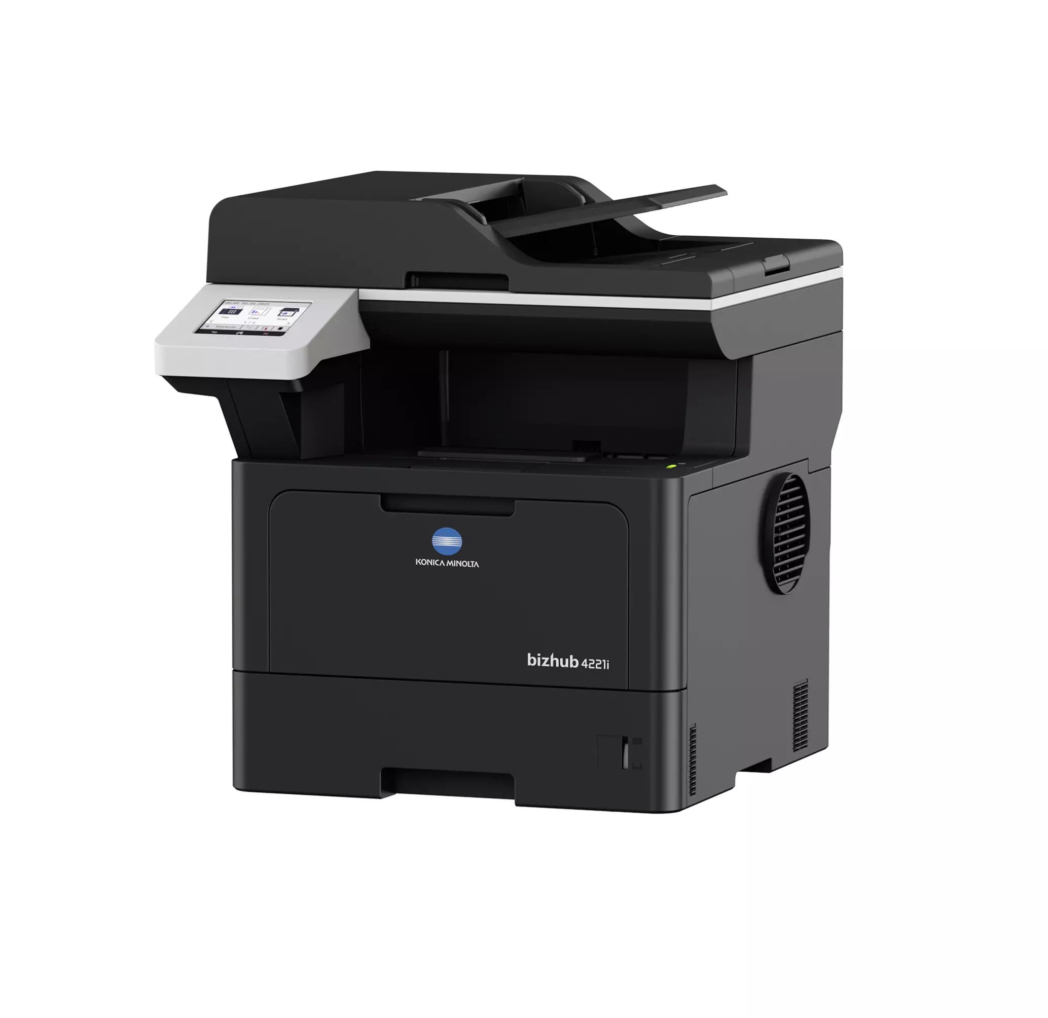 Konica Minolta bizhub 4221i printer, left-side view with 2 paper cassettes